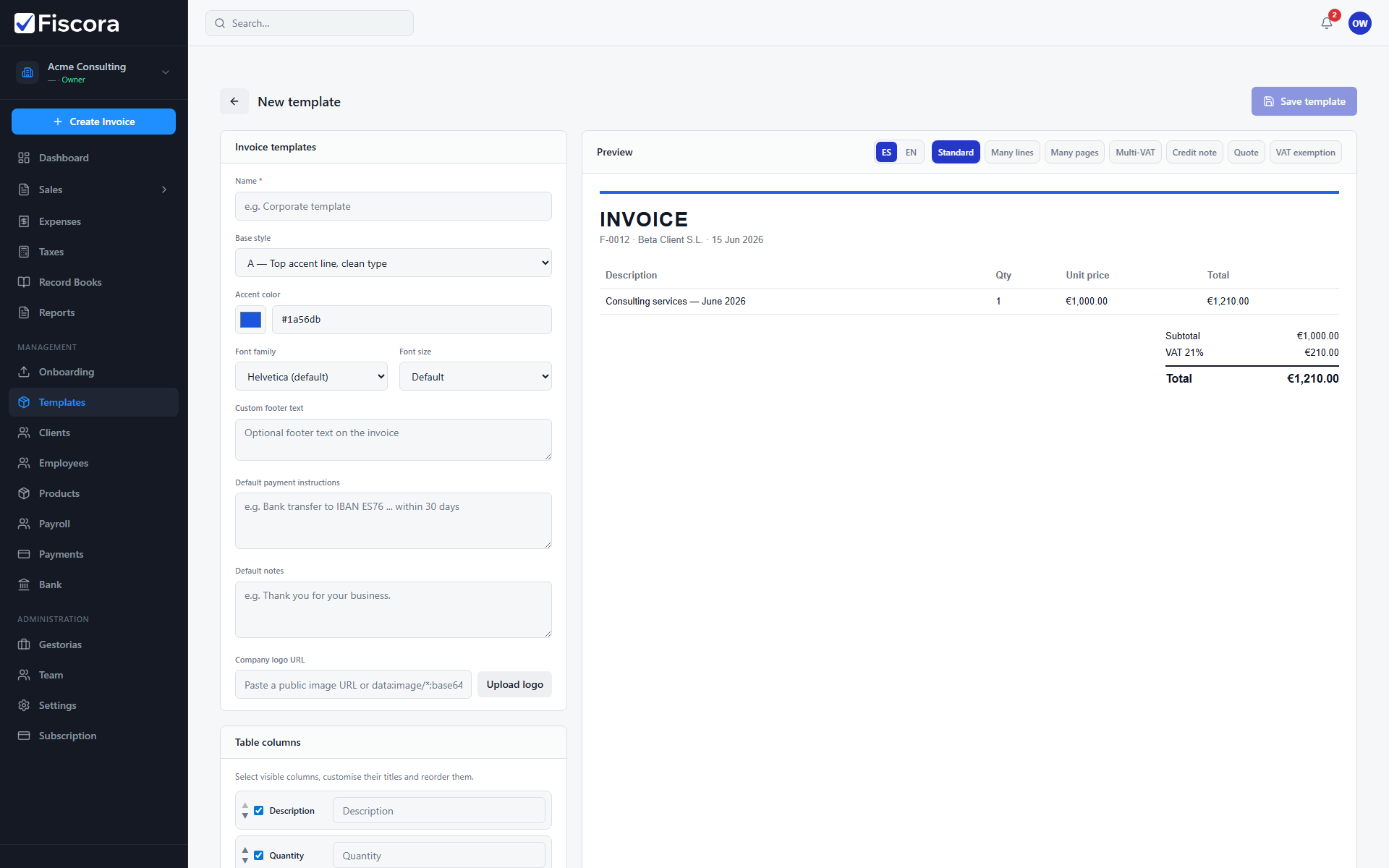 New invoice template editor with base style, preview panel, and Save template action.