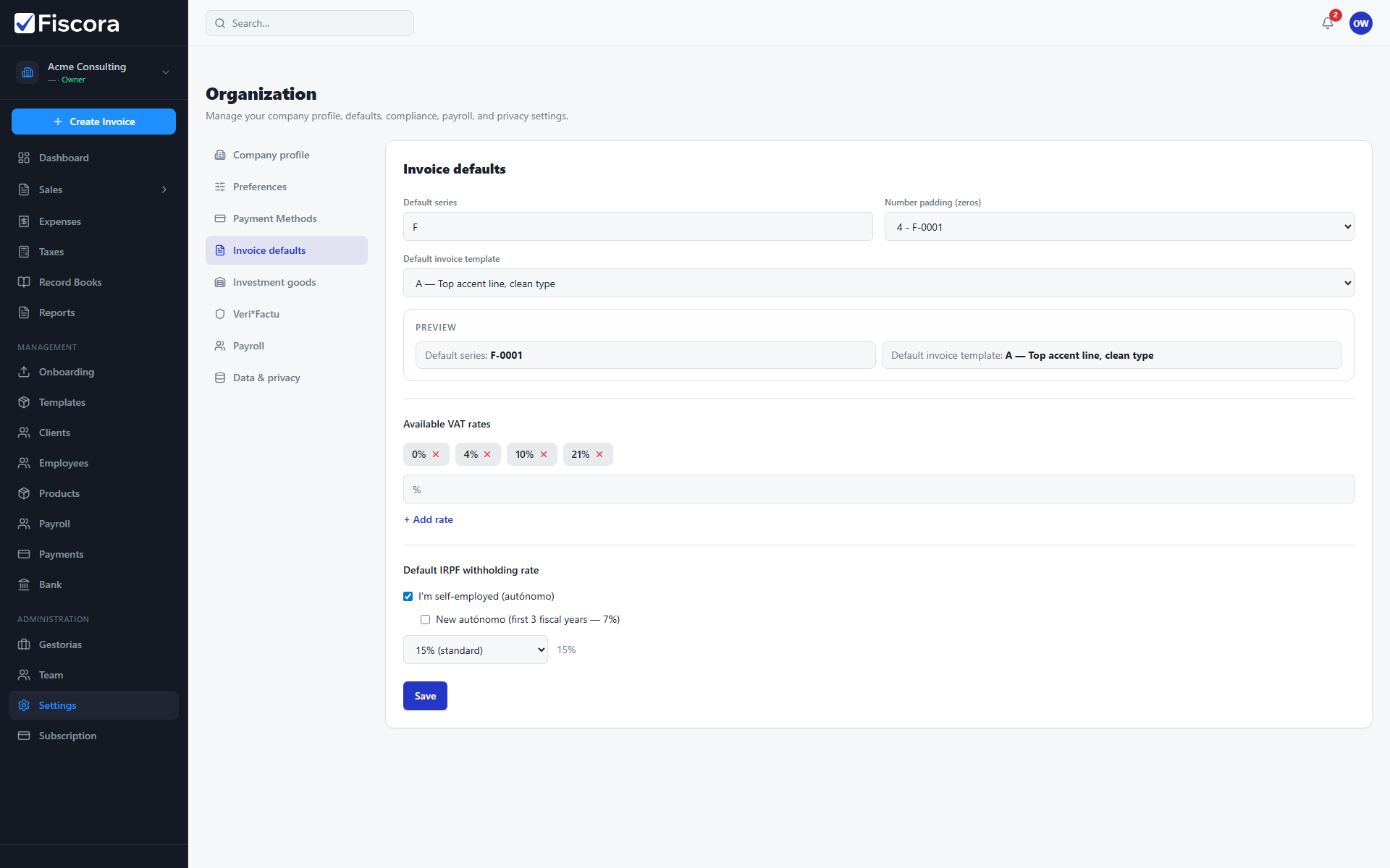 Invoice defaults settings with default series and payment terms fields.