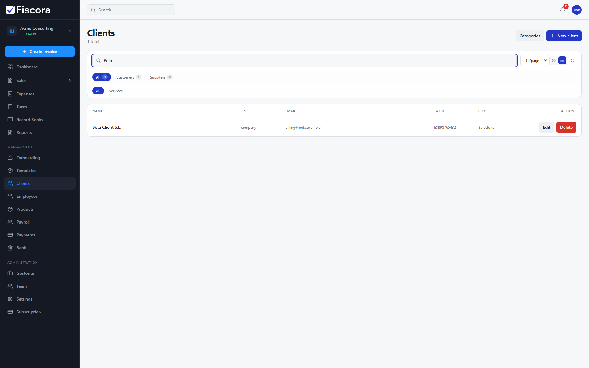 Clients list with search field filtering results and customer role tab visible.