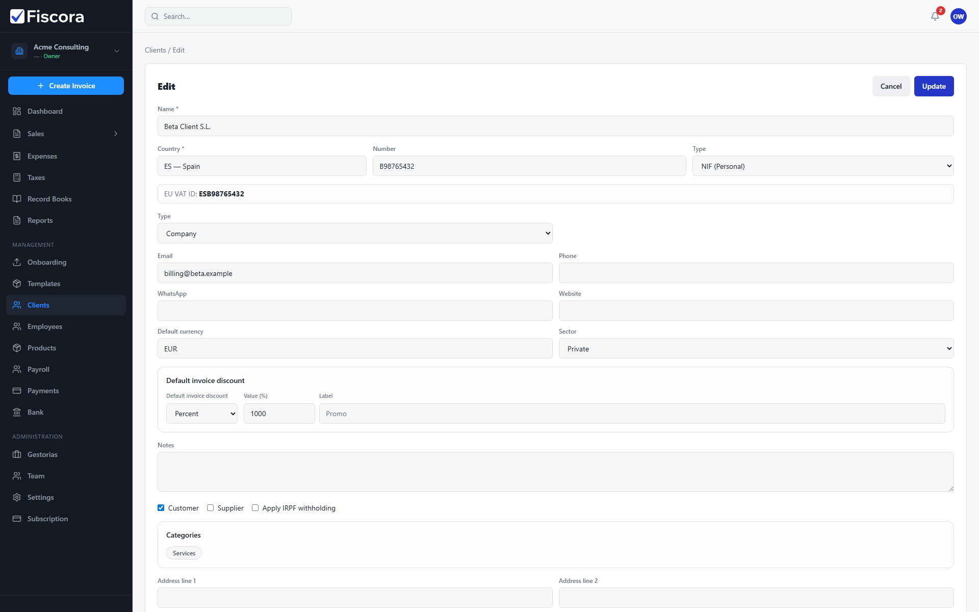 Client editor showing default currency and default invoice discount fields.
