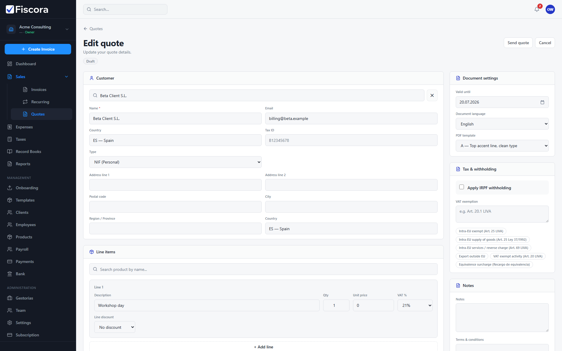 Quote editor with client fields and line items visible.