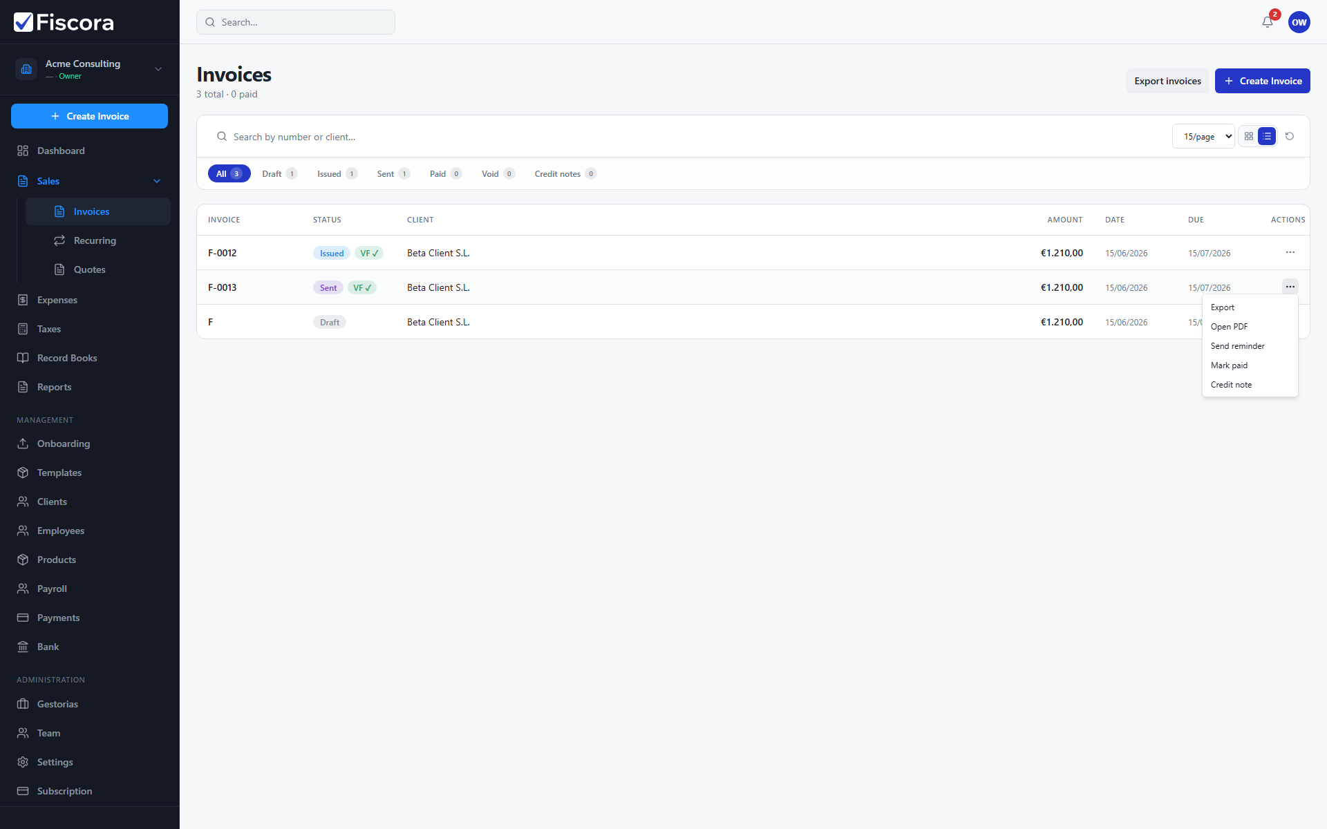Invoices list with Send reminder action visible in the row actions menu.