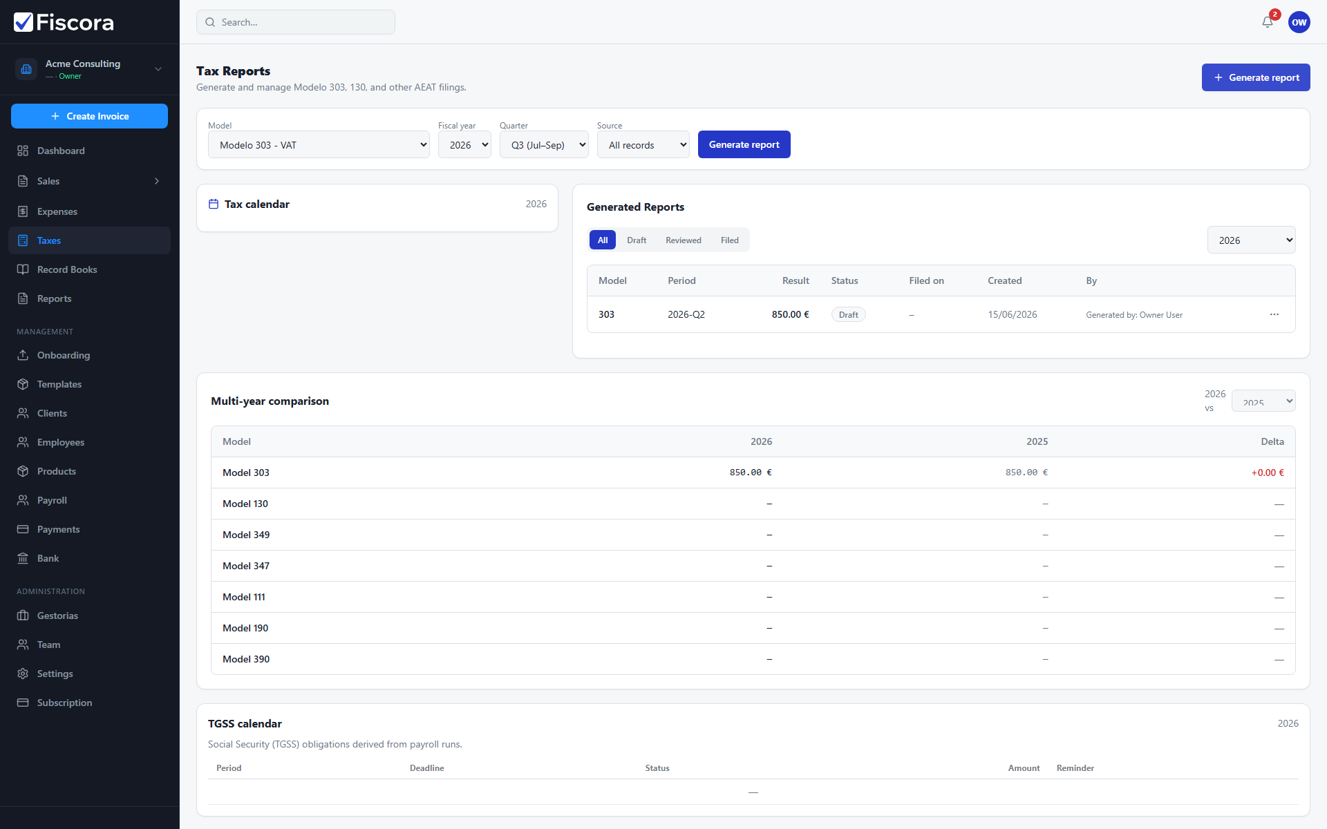 Tax Reports page with generate form showing modelo and period selectors.
