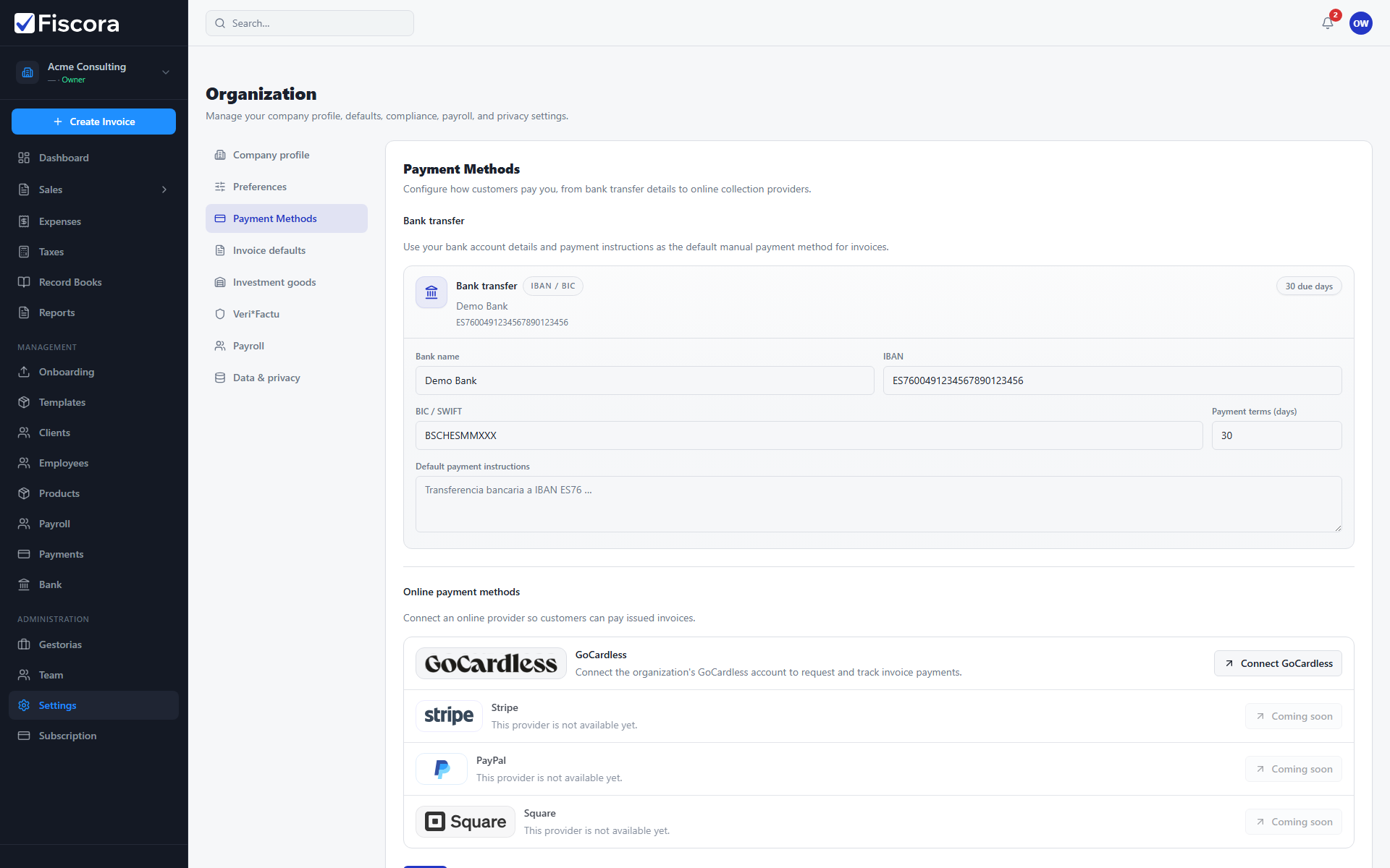 Payment Methods settings with bank transfer fields and payment terms.