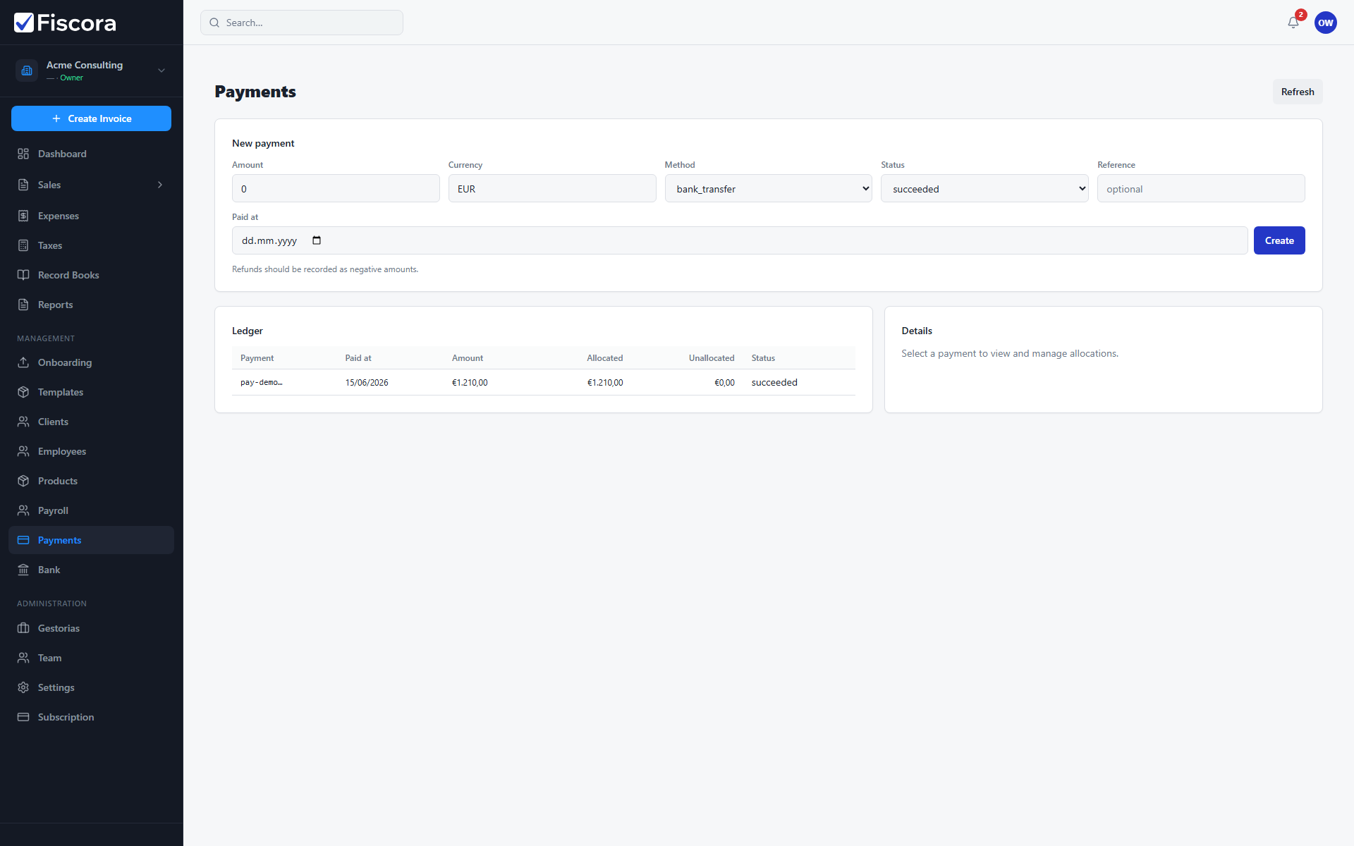 Payments page with new payment form fields and Create action.