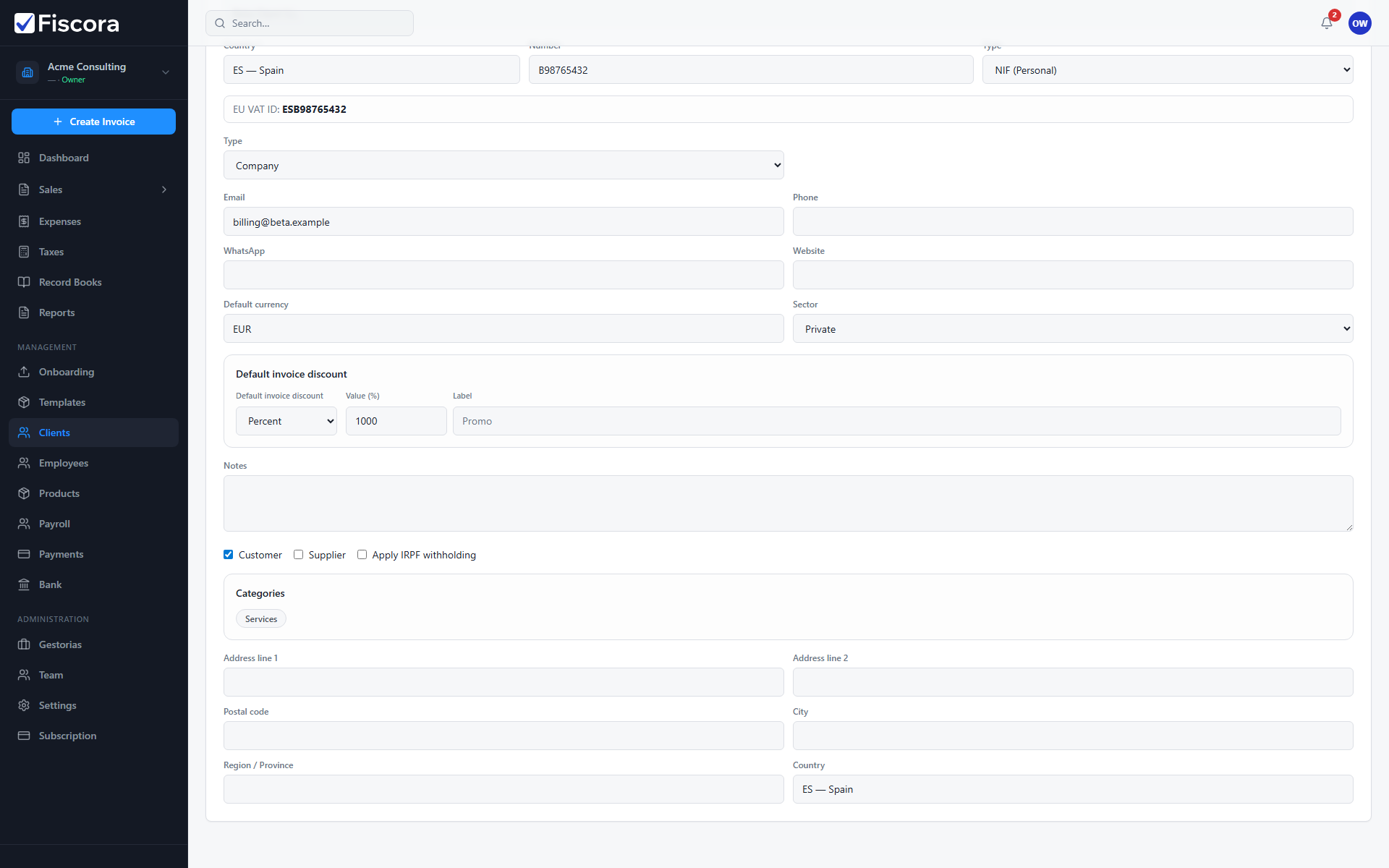 Client editor with country, tax ID number, and tax ID type fields visible.