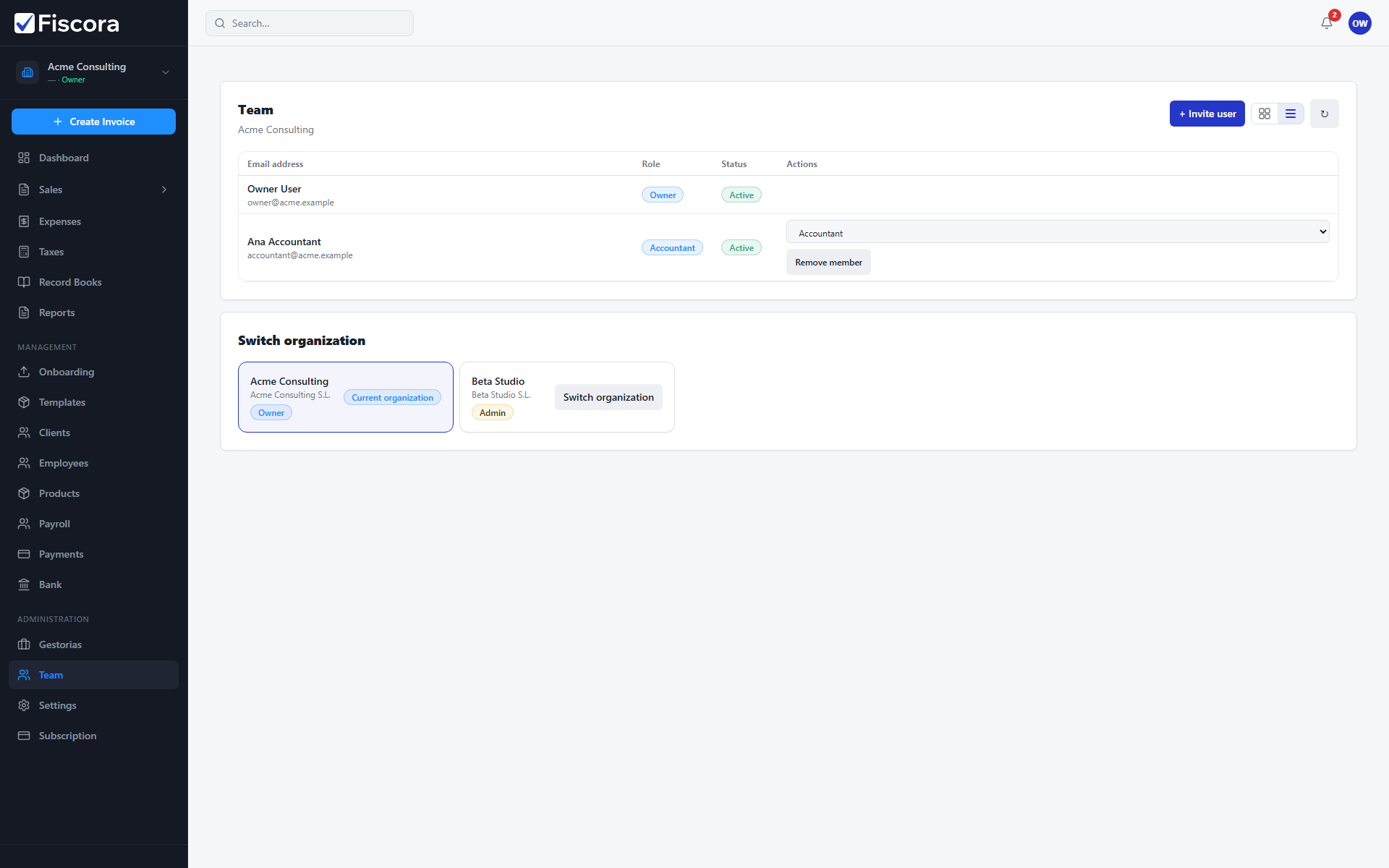 Team page showing Switch organization cards for multiple companies.