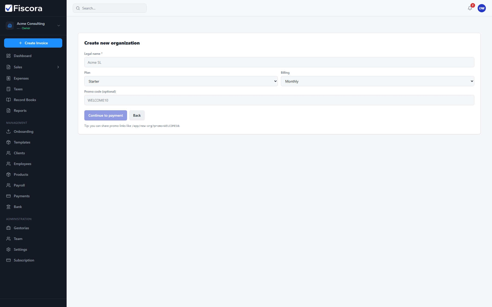 Create new organization form with legal name and plan fields.