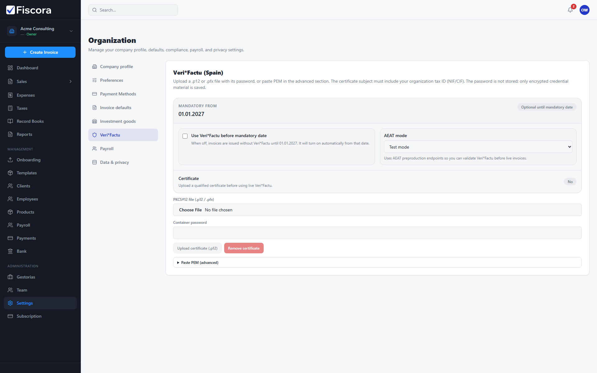 Veri*Factu certificate upload section in Fiscora organization settings.