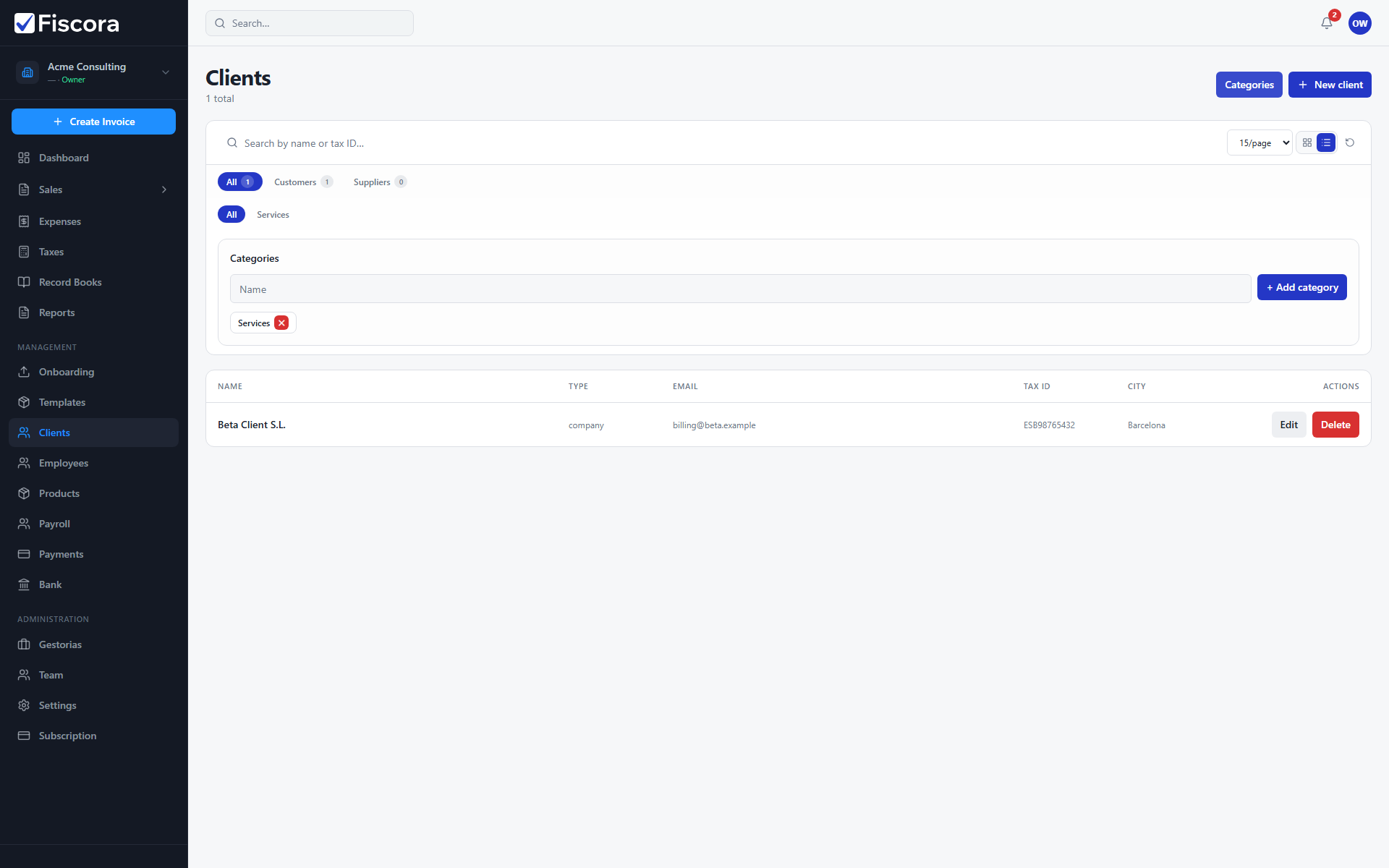 Clients page with category manager open showing add category controls.
