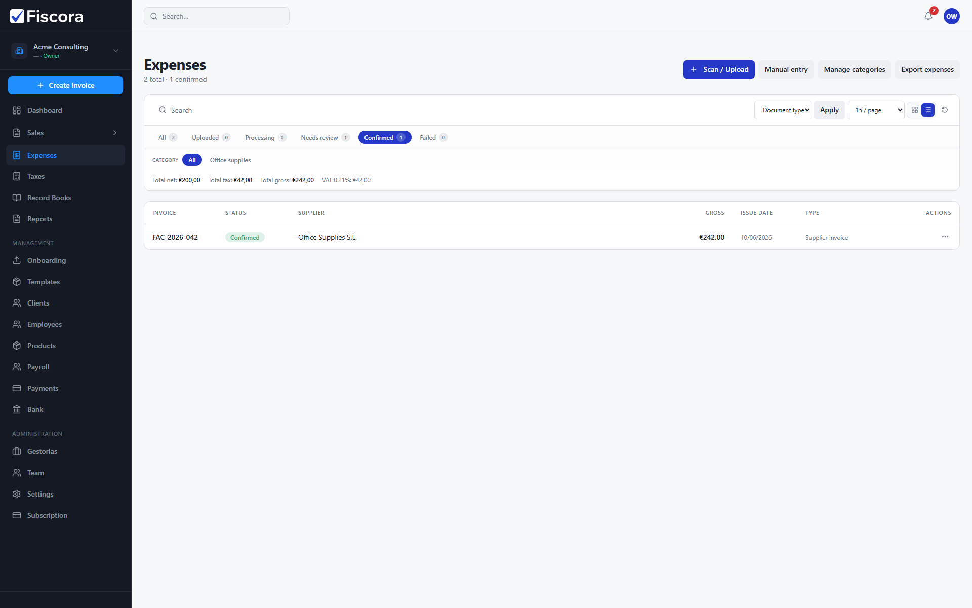 Expenses list with Confirmed status tab selected and filtered results.