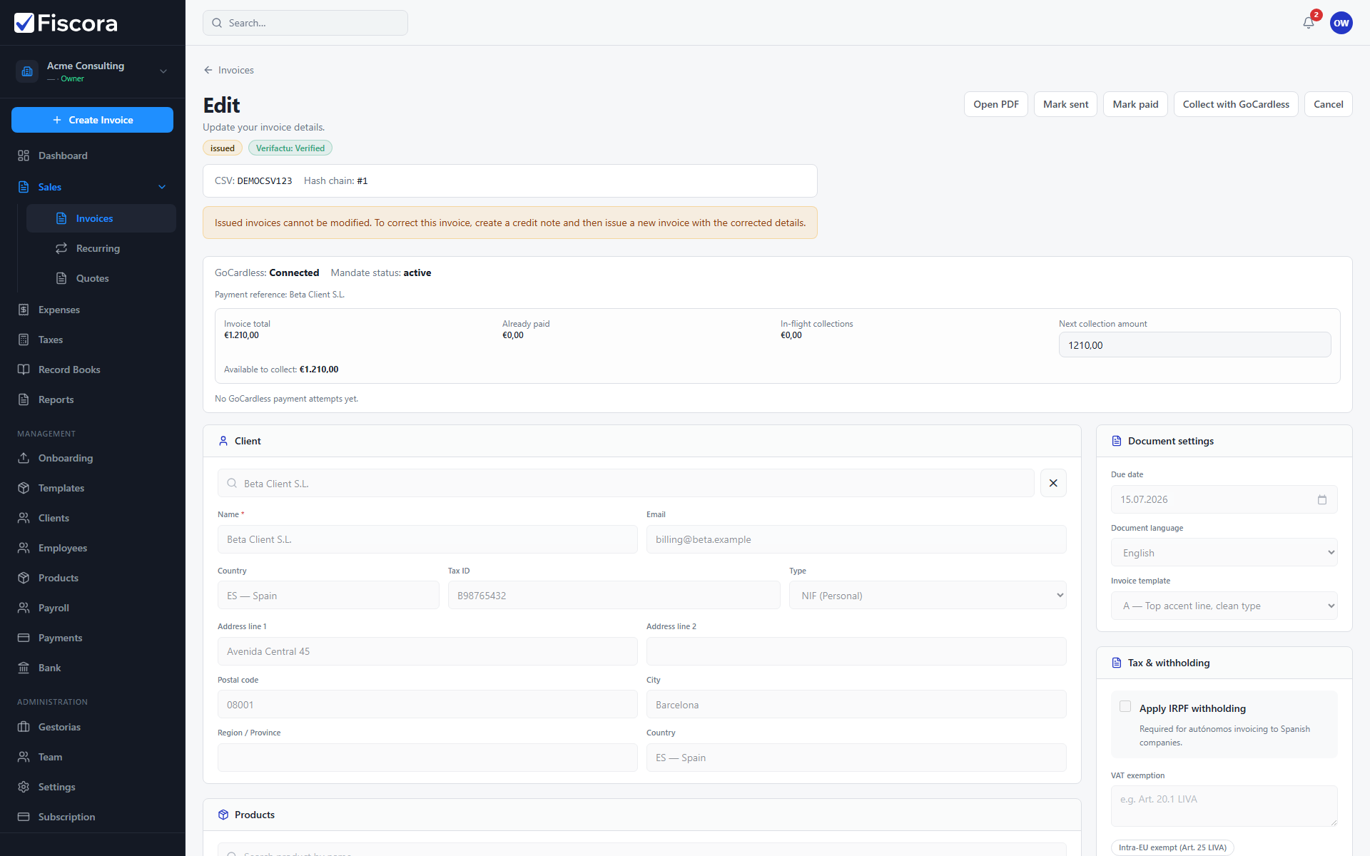 Issued invoice editor with Request GoCardless payment action visible.