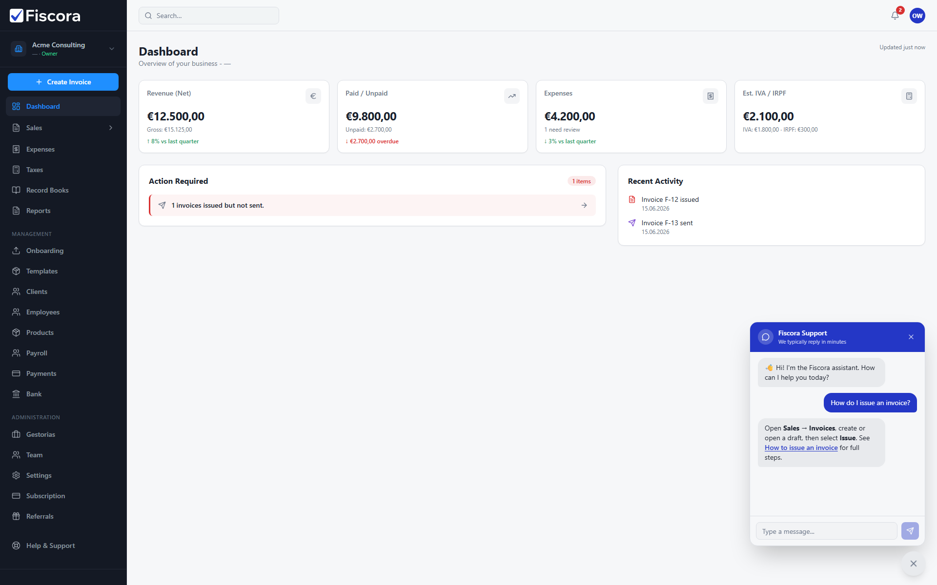 Open Fiscora assistant chat panel on the dashboard with a sample question and reply.