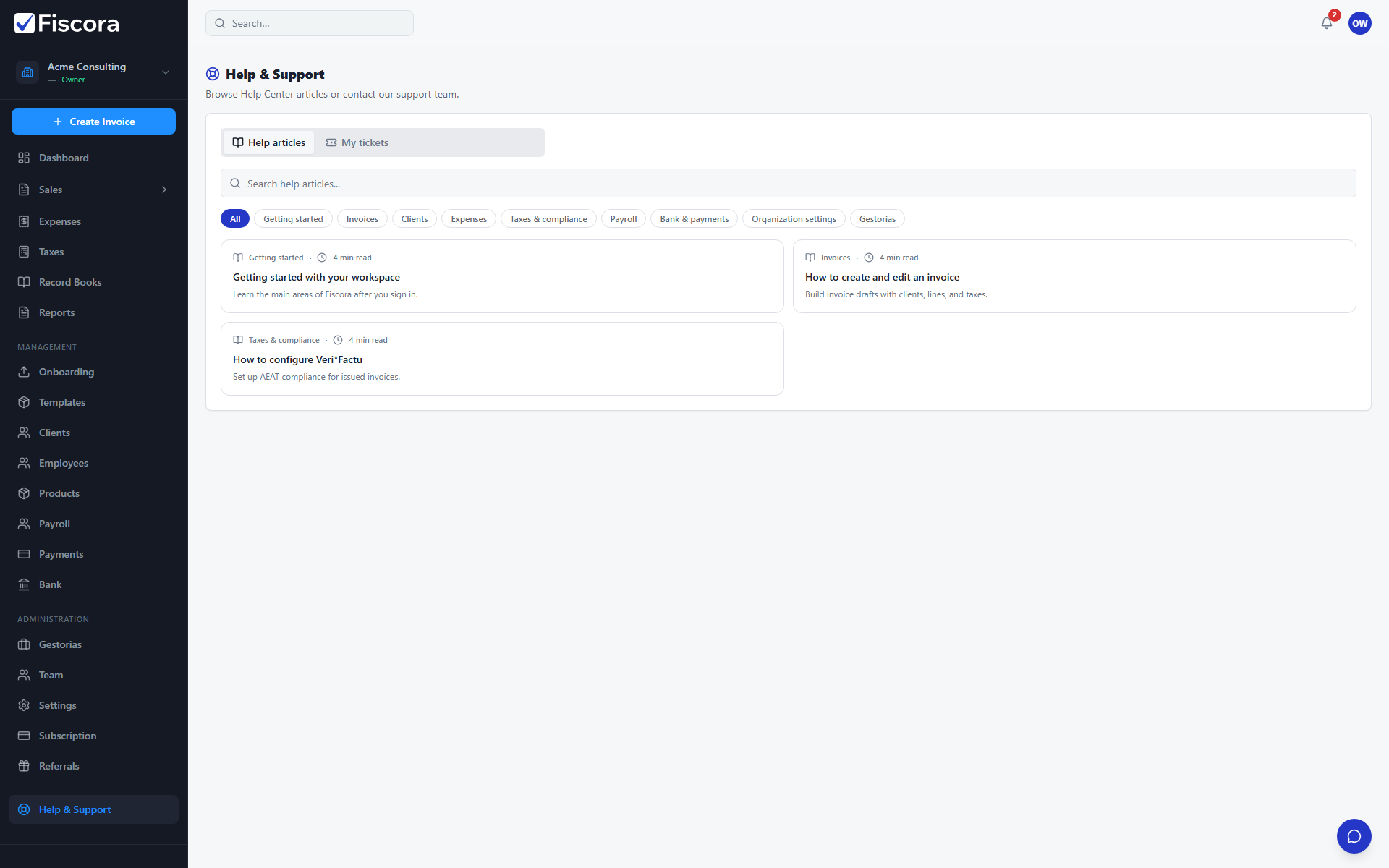 Help & Support page with Help articles tab, search, and category filters.