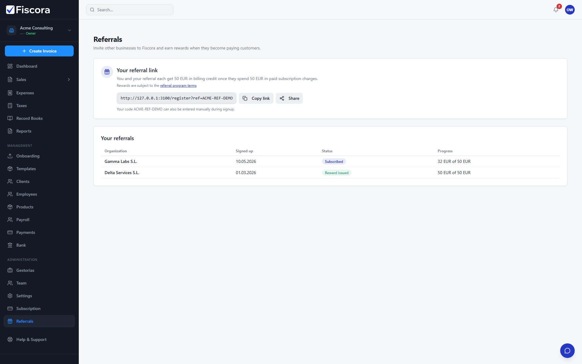 Referrals page showing referral link, copy and share actions, and invited organizations table.